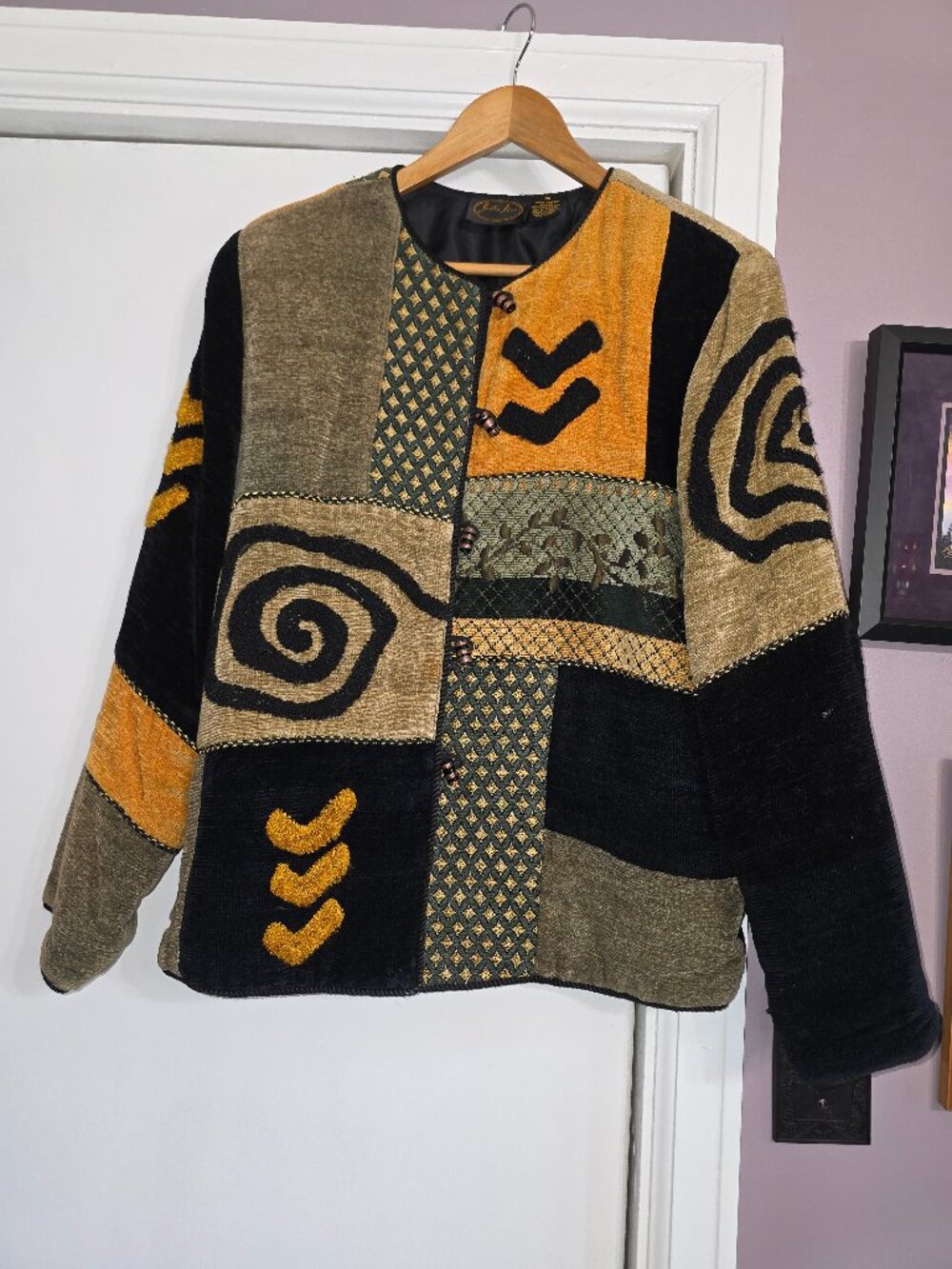 Julia Kim Art To Wear Patchwork Chenille Jacket Spiral Boho Southwestern Size S